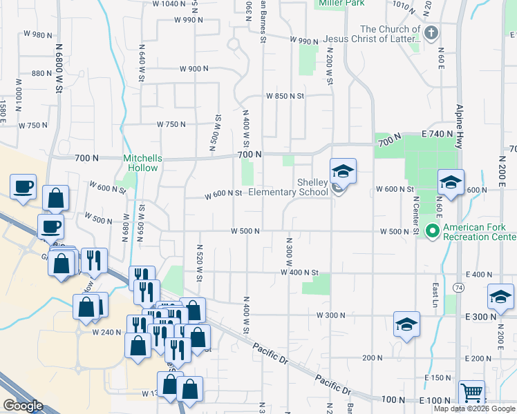 map of restaurants, bars, coffee shops, grocery stores, and more near 356 Clifton Avenue in American Fork