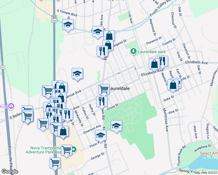 map of restaurants, bars, coffee shops, grocery stores, and more near 3418 Fairfield Street in Reading