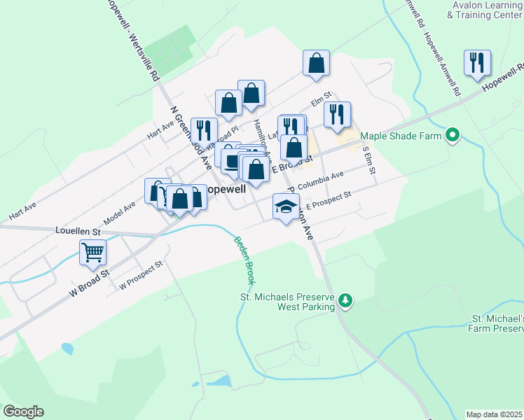 map of restaurants, bars, coffee shops, grocery stores, and more near 24 Seminary Avenue in Hopewell