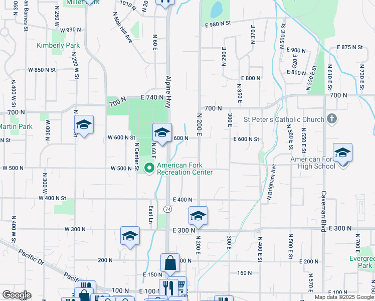 map of restaurants, bars, coffee shops, grocery stores, and more near 527 North 200 East in American Fork