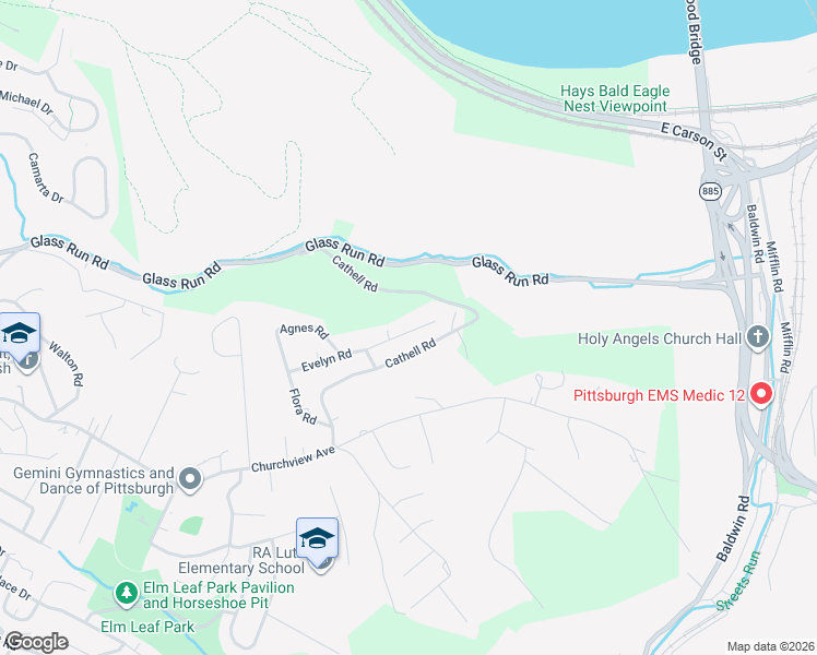 map of restaurants, bars, coffee shops, grocery stores, and more near 1541 Evelyn Road in Pittsburgh