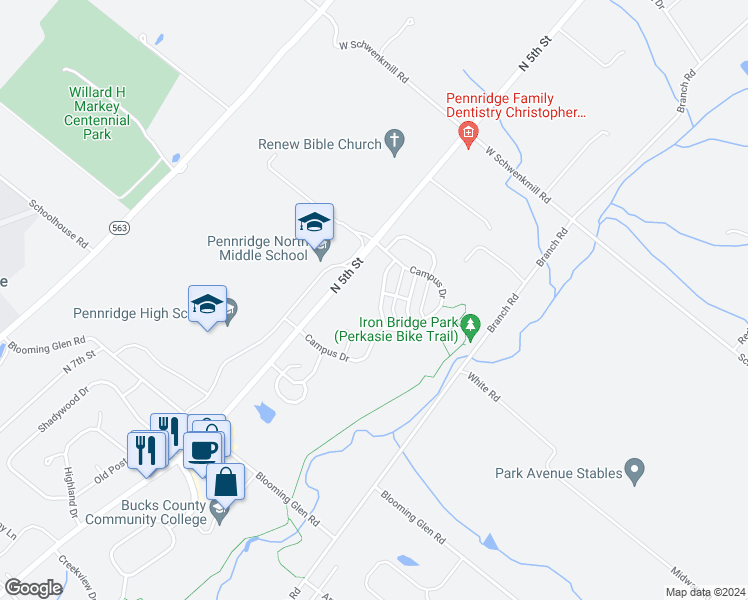 map of restaurants, bars, coffee shops, grocery stores, and more near 138 Sunnyside Lane in Perkasie