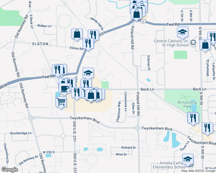 map of restaurants, bars, coffee shops, grocery stores, and more near 208 Beck Lane in Lafayette