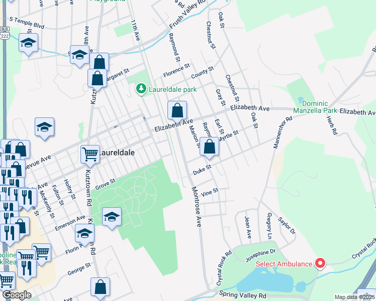 map of restaurants, bars, coffee shops, grocery stores, and more near 3321 Montrose Avenue in Laureldale