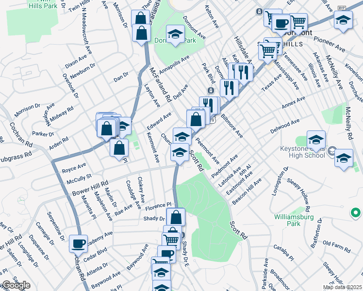 map of restaurants, bars, coffee shops, grocery stores, and more near 222 Washington Road in Pittsburgh