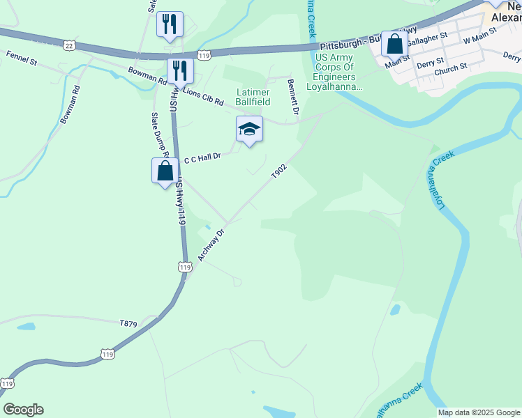 map of restaurants, bars, coffee shops, grocery stores, and more near 178 Archway Drive in New Alexandria