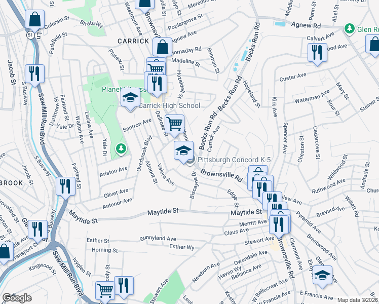 map of restaurants, bars, coffee shops, grocery stores, and more near 2320 Lutz Street in Pittsburgh