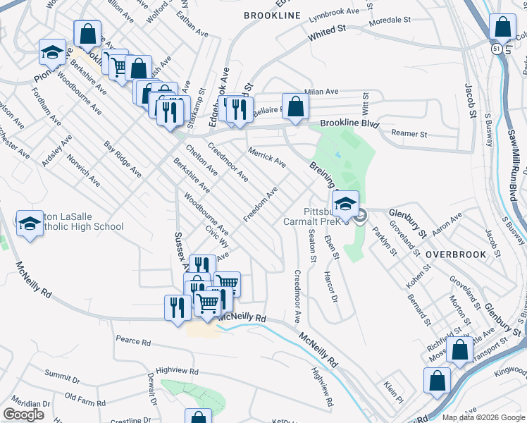 map of restaurants, bars, coffee shops, grocery stores, and more near 1503 Creedmoor Avenue in Pittsburgh