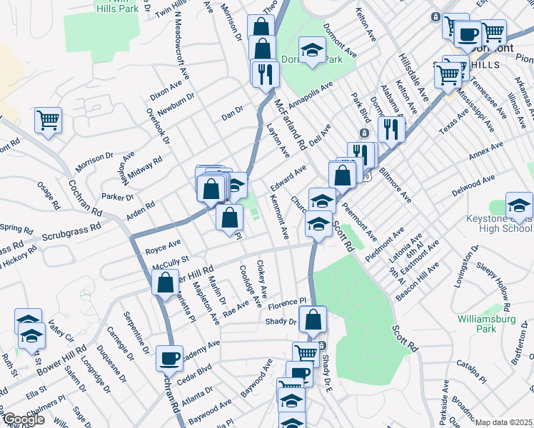 map of restaurants, bars, coffee shops, grocery stores, and more near 303 Kenmont Avenue in Pittsburgh
