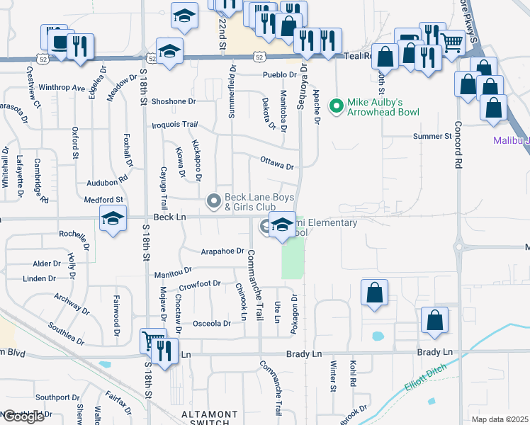 map of restaurants, bars, coffee shops, grocery stores, and more near 2302 Maumee Place in Lafayette