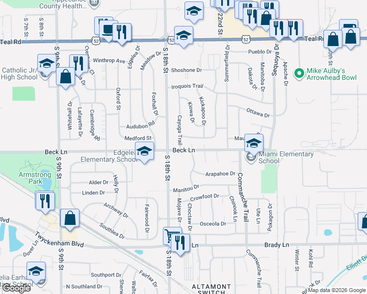map of restaurants, bars, coffee shops, grocery stores, and more near 2600 Cayuga Trail in Lafayette