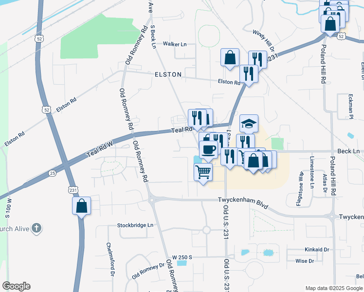 map of restaurants, bars, coffee shops, grocery stores, and more near 233 U.S. 52 in Lafayette
