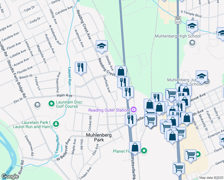 map of restaurants, bars, coffee shops, grocery stores, and more near 3257 Garfield Avenue in Reading