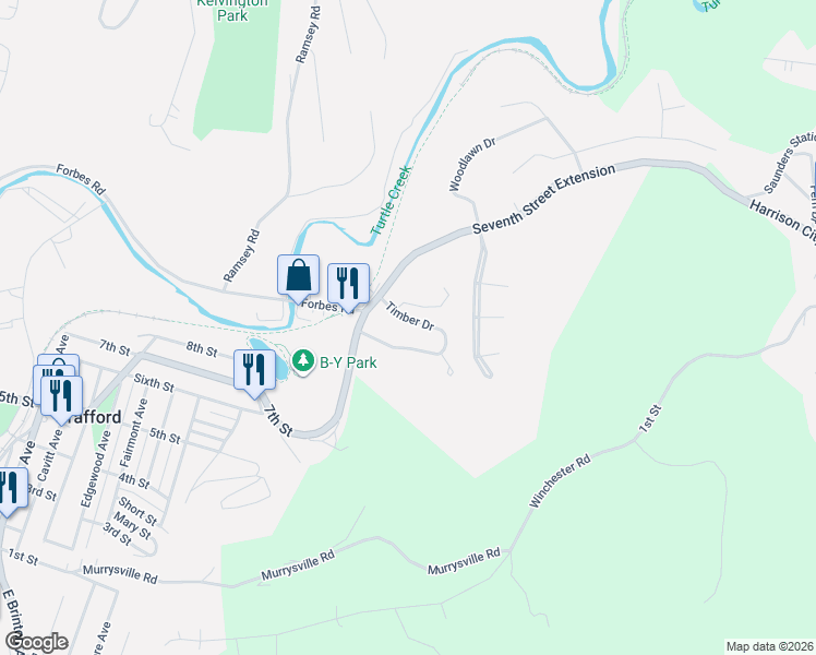 map of restaurants, bars, coffee shops, grocery stores, and more near 224 Timber Drive in Trafford