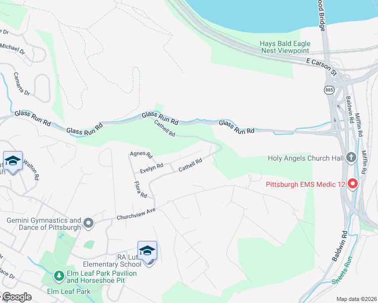 map of restaurants, bars, coffee shops, grocery stores, and more near 1541 Evelyn Road in Pittsburgh