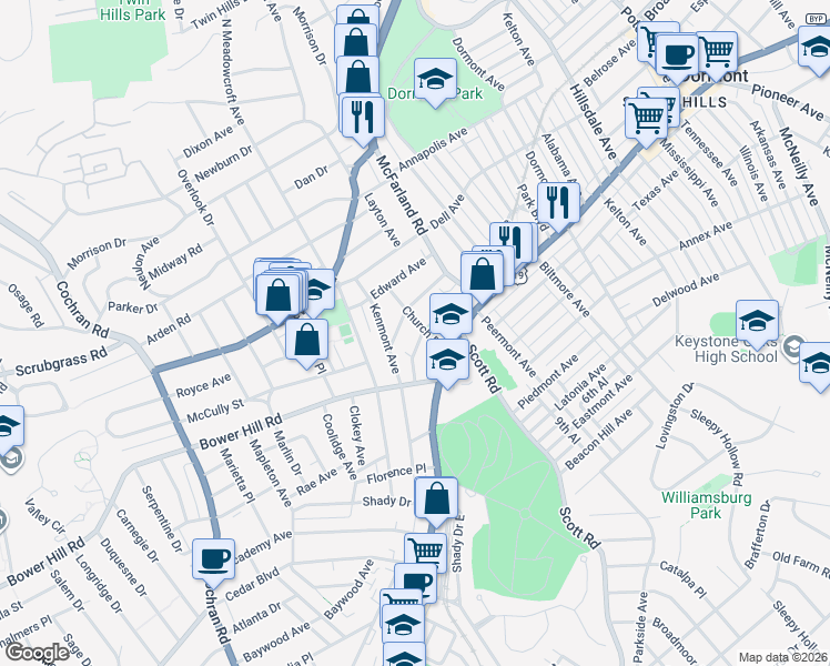 map of restaurants, bars, coffee shops, grocery stores, and more near 227 Martin Avenue in Pittsburgh