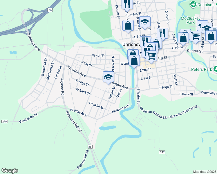 map of restaurants, bars, coffee shops, grocery stores, and more near 320 Trenton Avenue in Uhrichsville