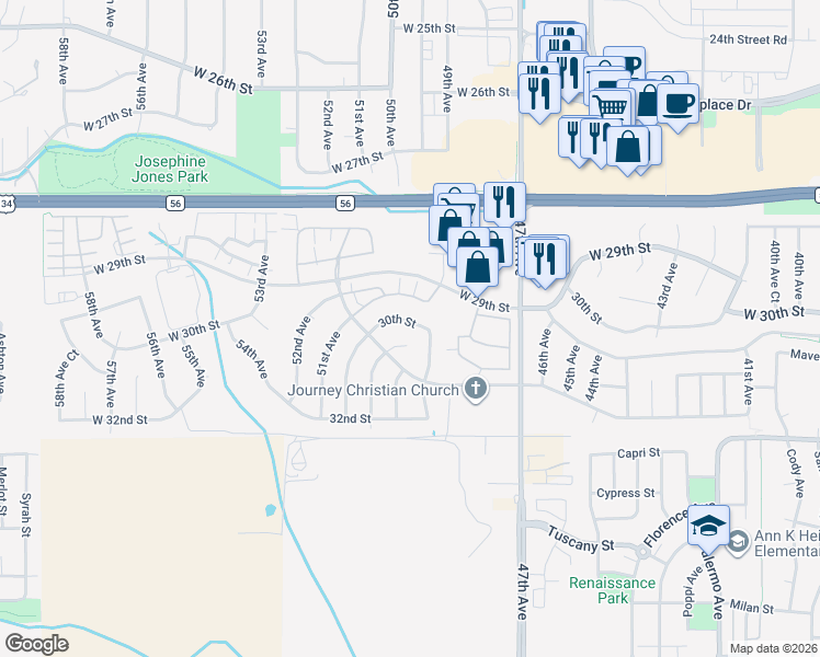map of restaurants, bars, coffee shops, grocery stores, and more near 14c 29th Street in Greeley