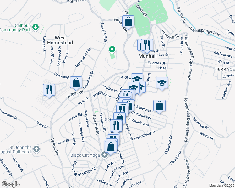 map of restaurants, bars, coffee shops, grocery stores, and more near 3103 Alberta Street in Munhall