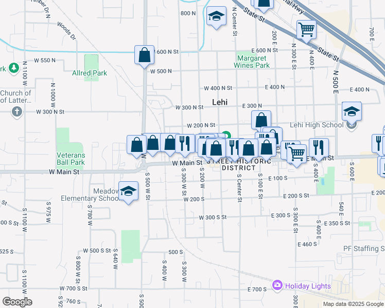 map of restaurants, bars, coffee shops, grocery stores, and more near 260 West 100 North Street in Lehi