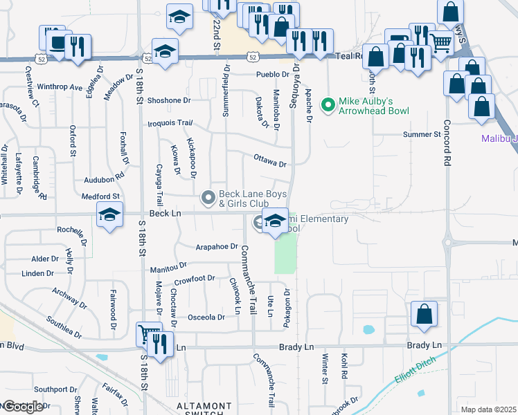 map of restaurants, bars, coffee shops, grocery stores, and more near 2302 Maumee Place in Lafayette