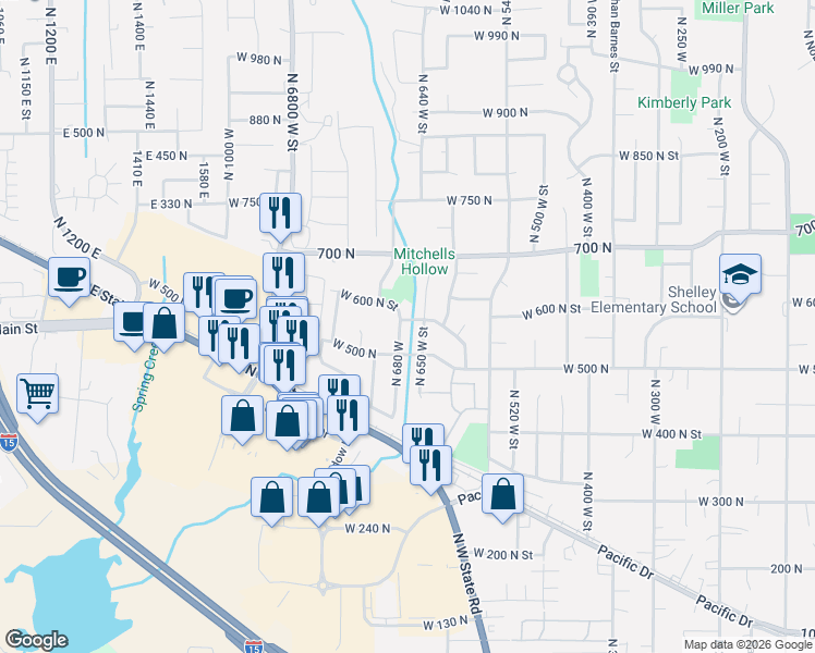 map of restaurants, bars, coffee shops, grocery stores, and more near 574 North 680 West in American Fork