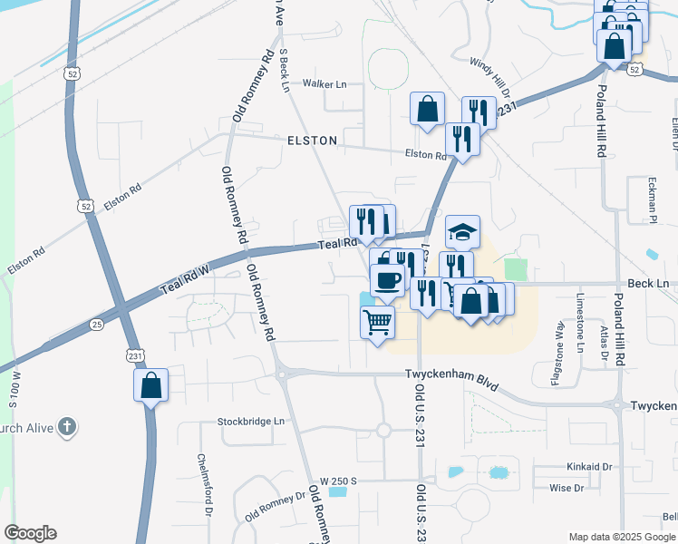 map of restaurants, bars, coffee shops, grocery stores, and more near 233 U.S. 52 in Lafayette
