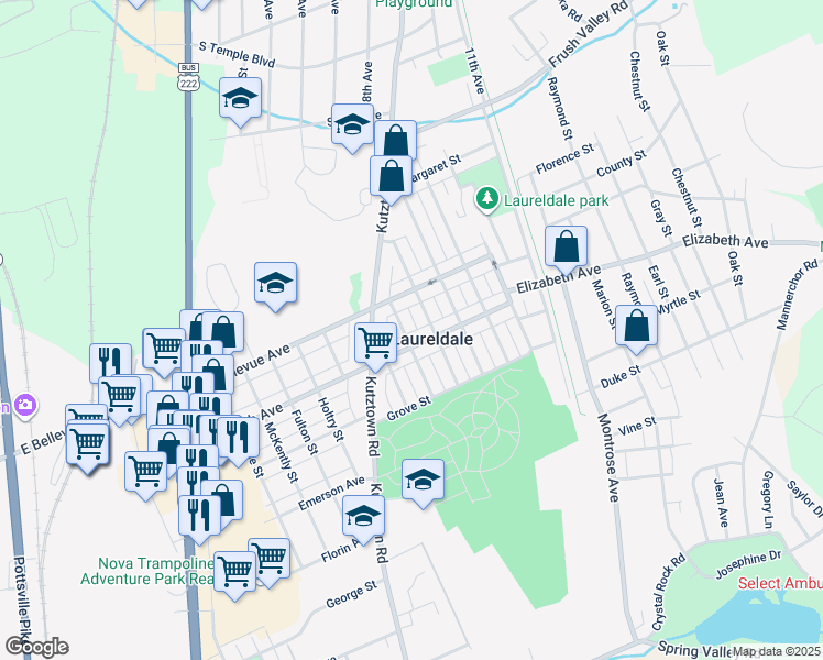 map of restaurants, bars, coffee shops, grocery stores, and more near 3417 Fairfield Street in Reading