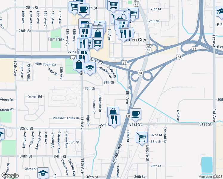 map of restaurants, bars, coffee shops, grocery stores, and more near 2930 11th Avenue in Evans