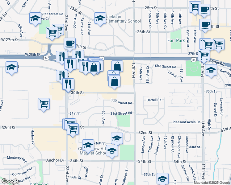 map of restaurants, bars, coffee shops, grocery stores, and more near 1727 Greeley Mall in Greeley