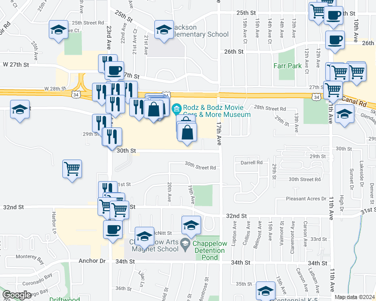 map of restaurants, bars, coffee shops, grocery stores, and more near 1727 Greeley Mall in Greeley