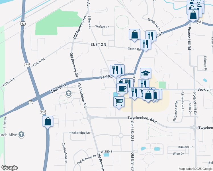 map of restaurants, bars, coffee shops, grocery stores, and more near 233 U.S. 52 in Lafayette