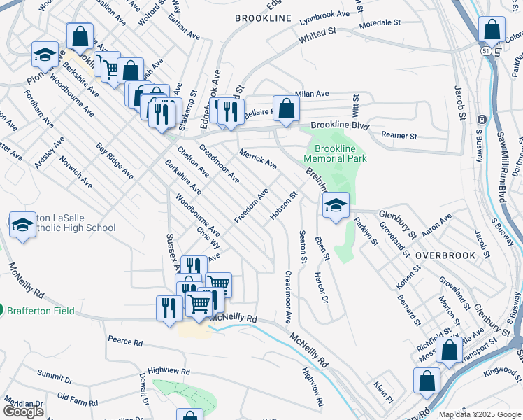 map of restaurants, bars, coffee shops, grocery stores, and more near 1503 Creedmoor Avenue in Pittsburgh