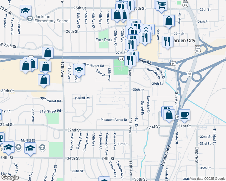 map of restaurants, bars, coffee shops, grocery stores, and more near 1310 29th Street Road in Greeley