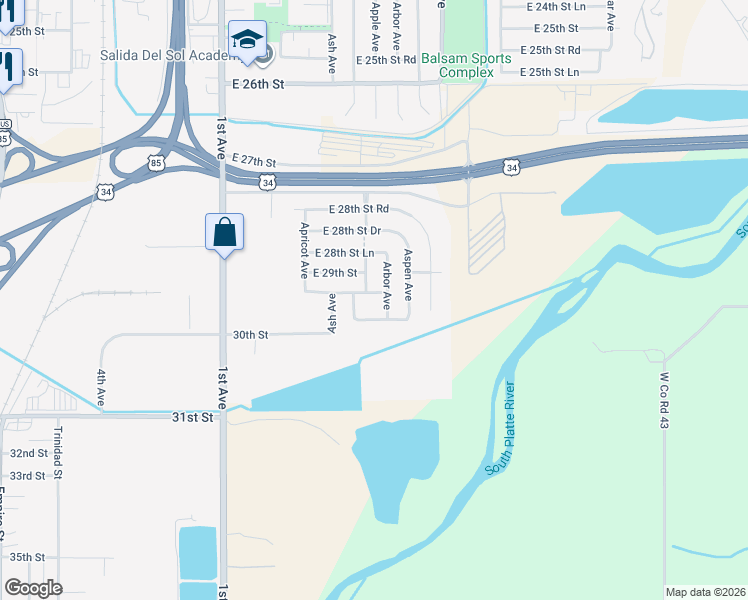 map of restaurants, bars, coffee shops, grocery stores, and more near 2908 Apple Avenue in Greeley