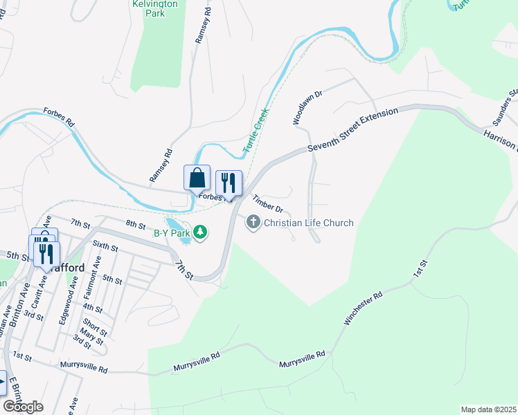 map of restaurants, bars, coffee shops, grocery stores, and more near 277 Timber Drive in Trafford
