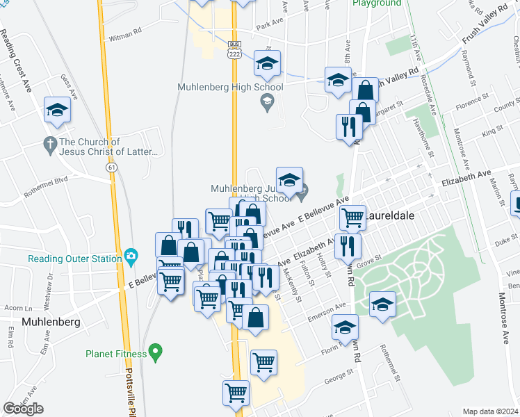 map of restaurants, bars, coffee shops, grocery stores, and more near 3512 Kent Avenue in Laureldale