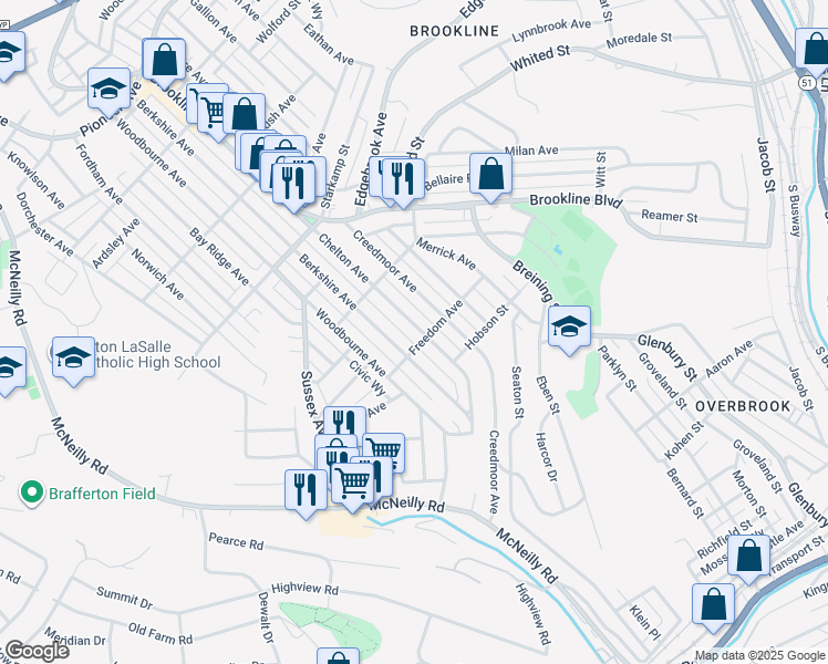 map of restaurants, bars, coffee shops, grocery stores, and more near 1301 Chelton Avenue in Pittsburgh