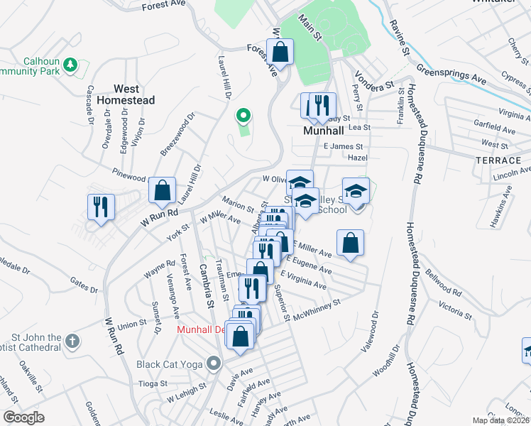 map of restaurants, bars, coffee shops, grocery stores, and more near 3103 Alberta Street in Munhall