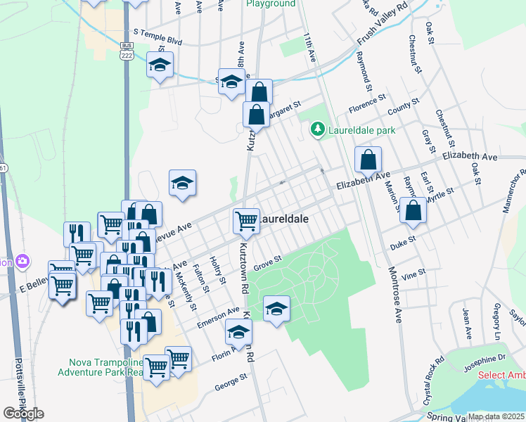 map of restaurants, bars, coffee shops, grocery stores, and more near 3425 Fairfield Street in Reading