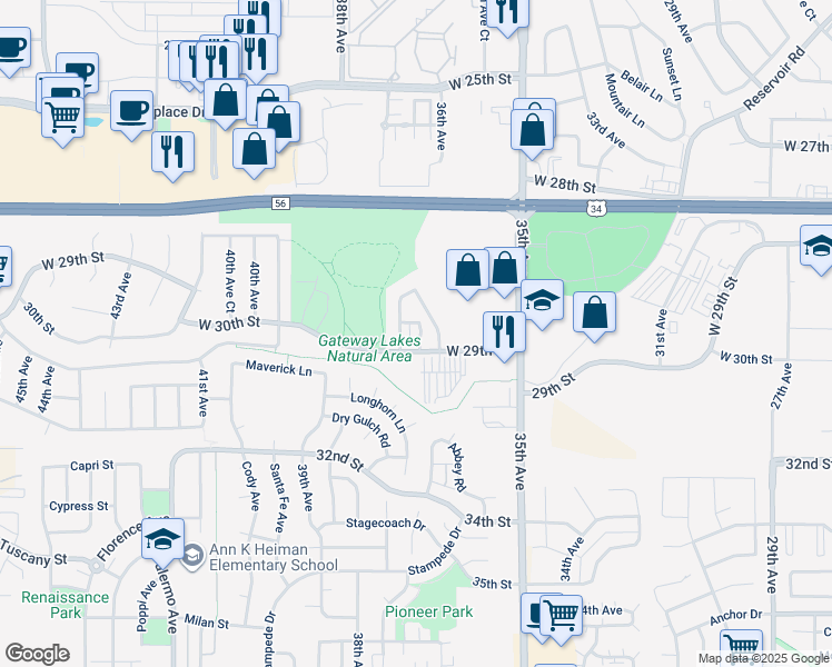 map of restaurants, bars, coffee shops, grocery stores, and more near 3613 West 29th Street in Greeley