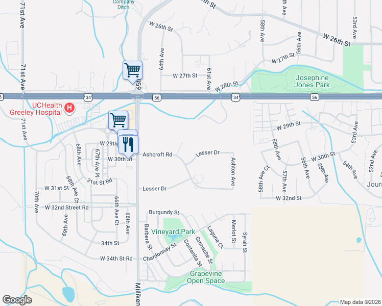 map of restaurants, bars, coffee shops, grocery stores, and more near 6141 Lesser Drive in Greeley