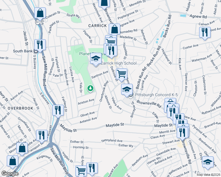 map of restaurants, bars, coffee shops, grocery stores, and more near 129 Overbrook Boulevard in Pittsburgh