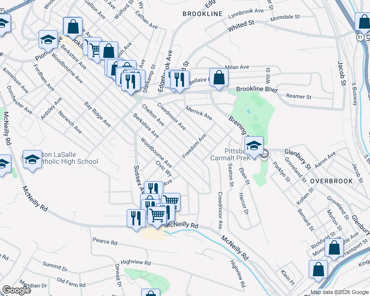 map of restaurants, bars, coffee shops, grocery stores, and more near 1301 Chelton Avenue in Pittsburgh