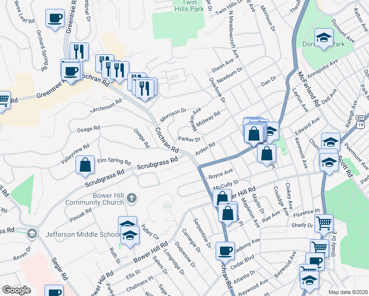 map of restaurants, bars, coffee shops, grocery stores, and more near 451 Parker Drive in Pittsburgh