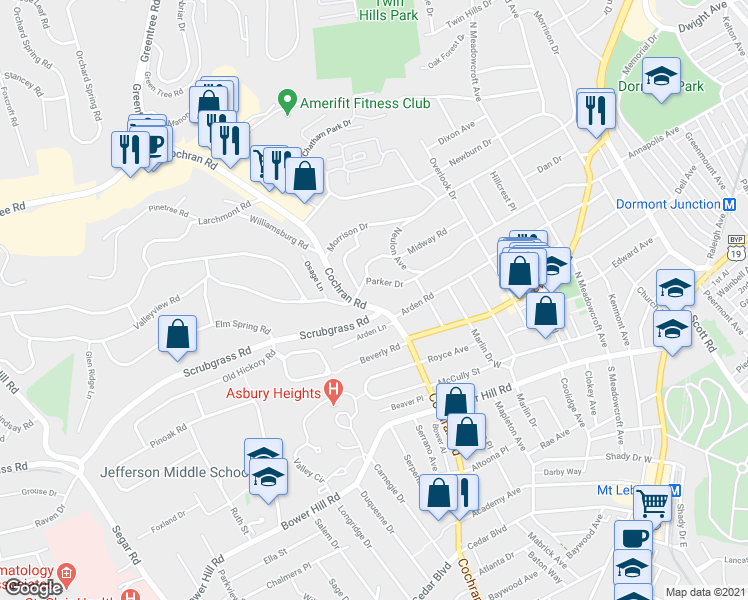 map of restaurants, bars, coffee shops, grocery stores, and more near 451 Parker Drive in Pittsburgh
