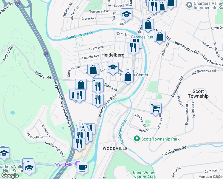 map of restaurants, bars, coffee shops, grocery stores, and more near 1915 Ellsworth Avenue in Carnegie
