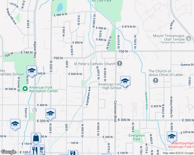 map of restaurants, bars, coffee shops, grocery stores, and more near 575 North 500 East in American Fork