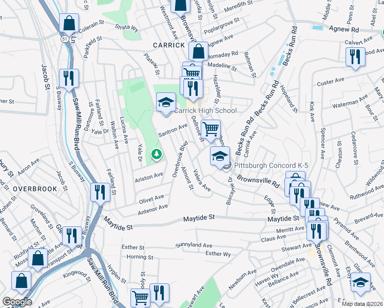 map of restaurants, bars, coffee shops, grocery stores, and more near 2291 Valera Avenue in Pittsburgh