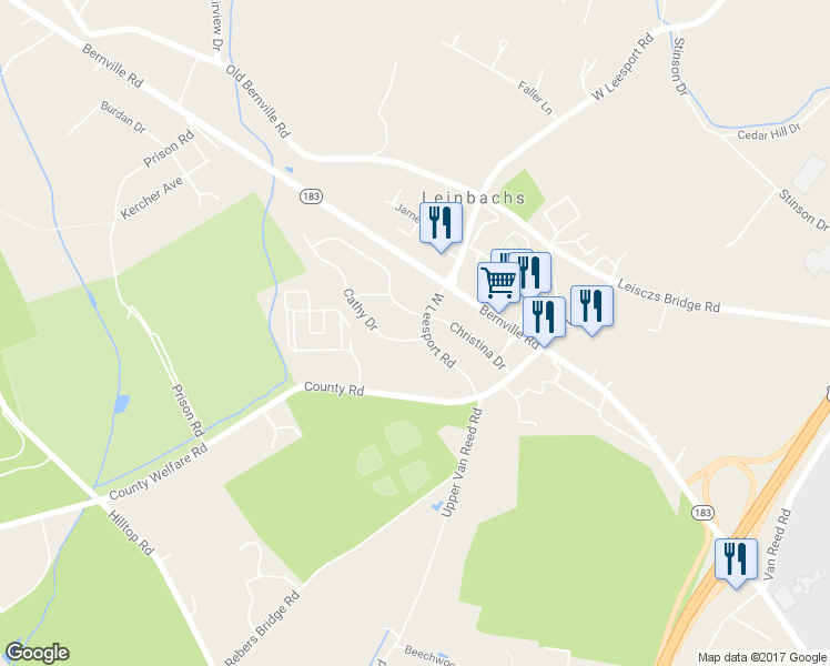 map of restaurants, bars, coffee shops, grocery stores, and more near 1010 Christina Drive in Leesport